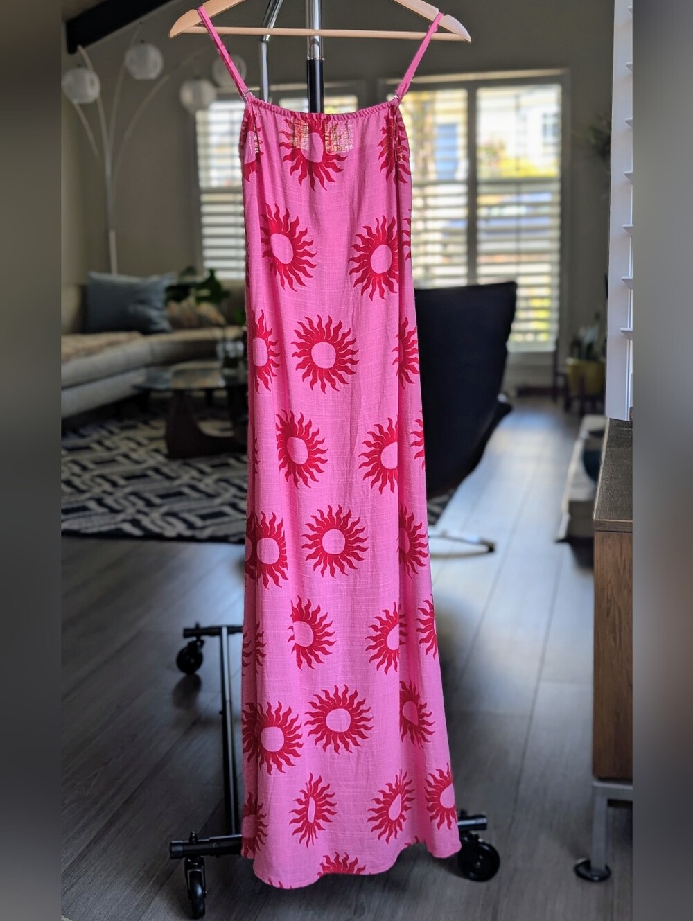 NWT Paper Heart Pink Sun Print Maxi Dress with Removable Spaghetti Straps Sz S ☀
